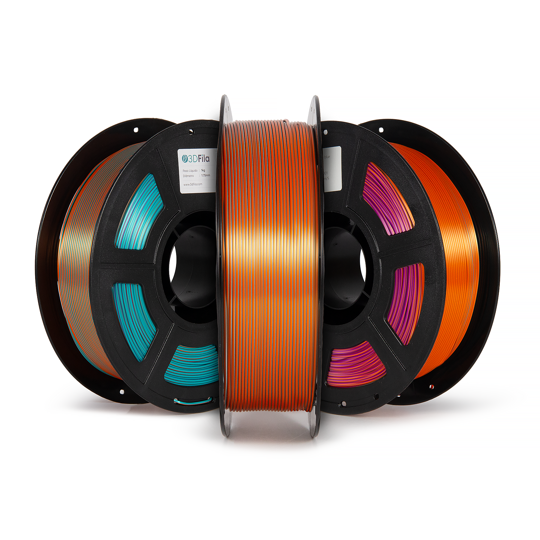 Filamento PLA Silk Tricolor Roxo, Laranja, Azul Celeste